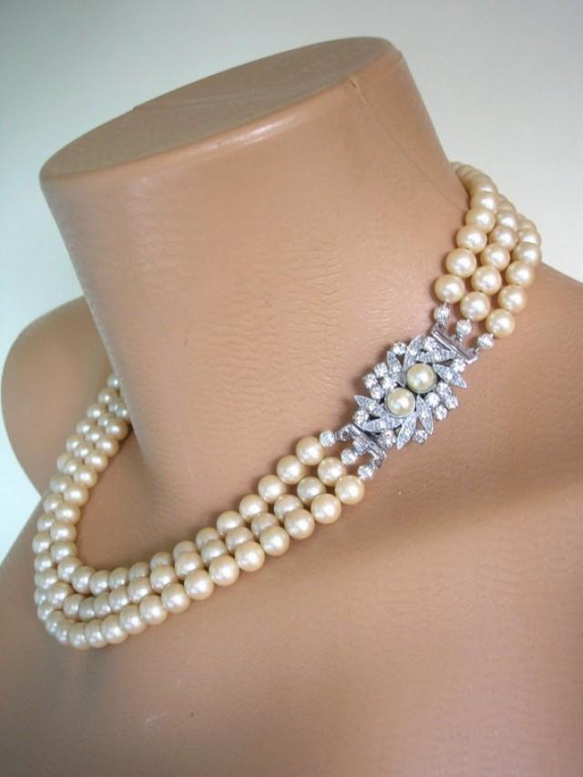 Vintage Pearl Choker Necklace 3 Strand Pearls Cream Pearls Pearl Bridal Necklace Wedding 6949