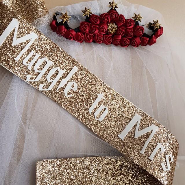Harry Potter Themed Muggle to Mrs Gold Glitter Sash and Headpiece 