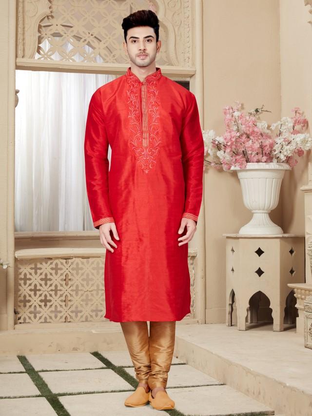 Traditional Fancy Red Mans Plus Size Kurta Pajama Embroidery Work