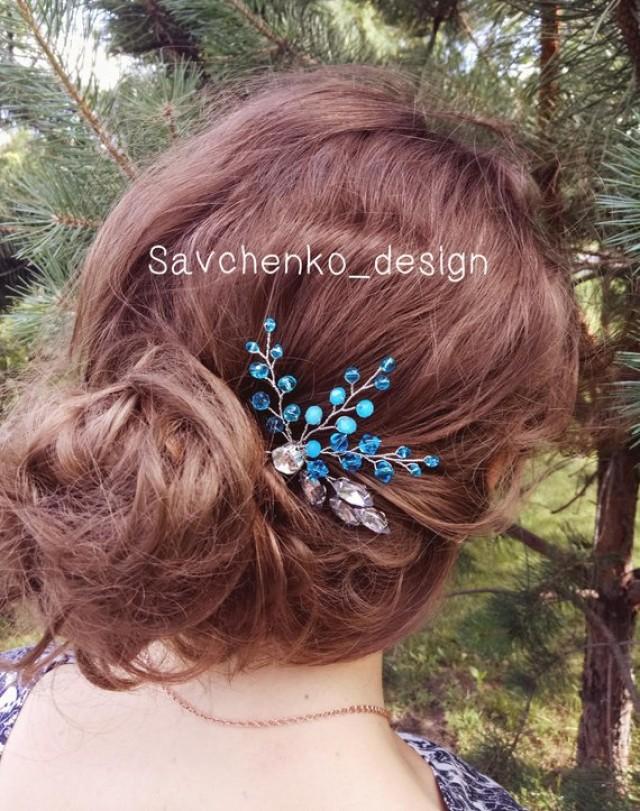 Royal Blue Hair Pins Beach Wedding Hair Clip Rhinestone Bobby Pins Nautical Wedding Hairpiece