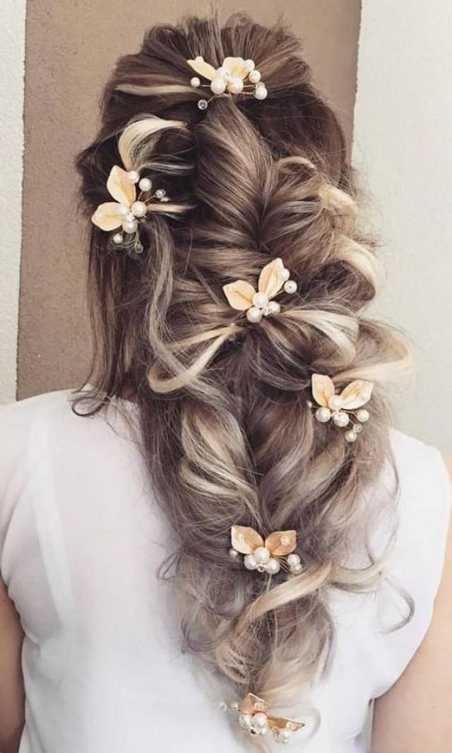 Bridal Pearls Hair Pins Pair Vintage Hair Accessories Gold Bridal