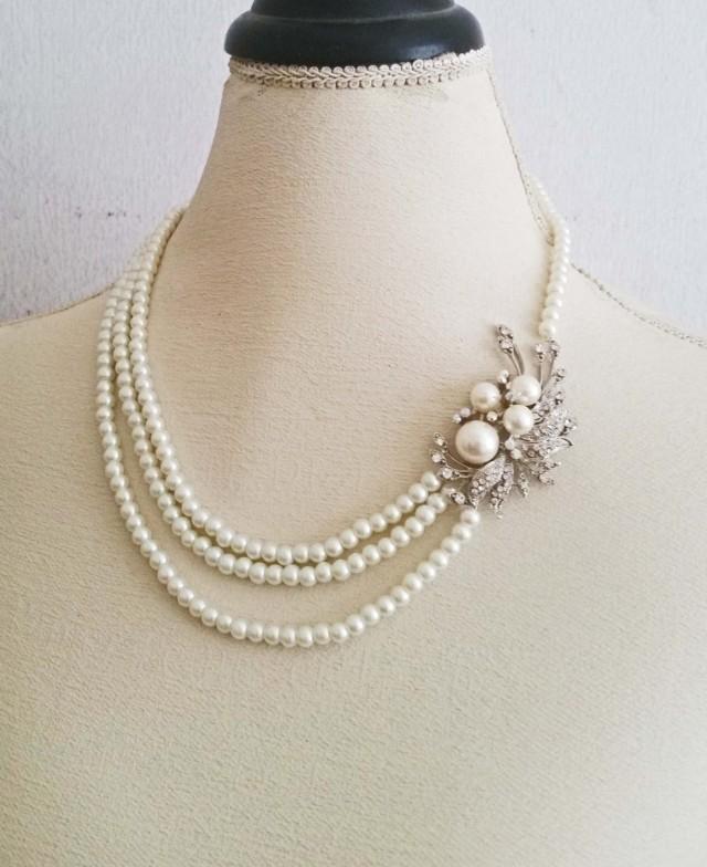 Wedding Necklace Bridal Jewelry Pearl Necklace With Brooch Vintage Art