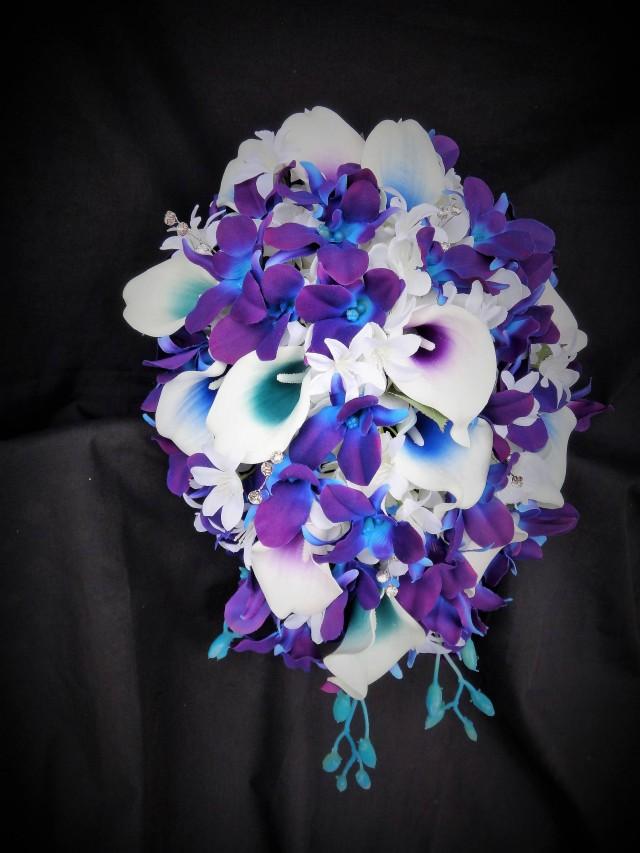 Galaxy Orchid Bridal Bouquet, Purple Blue Island Orchid Bouquet, White