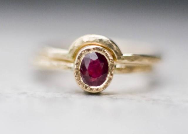 Natural Ruby Wedding Ring Set, Ruby Bridal Set, 14k/18k Engagement Ring