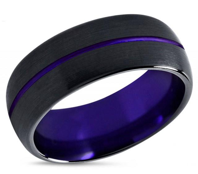 Tungsten Ring Purple, Mens Wedding Band Black 8mm, Wedding Ring