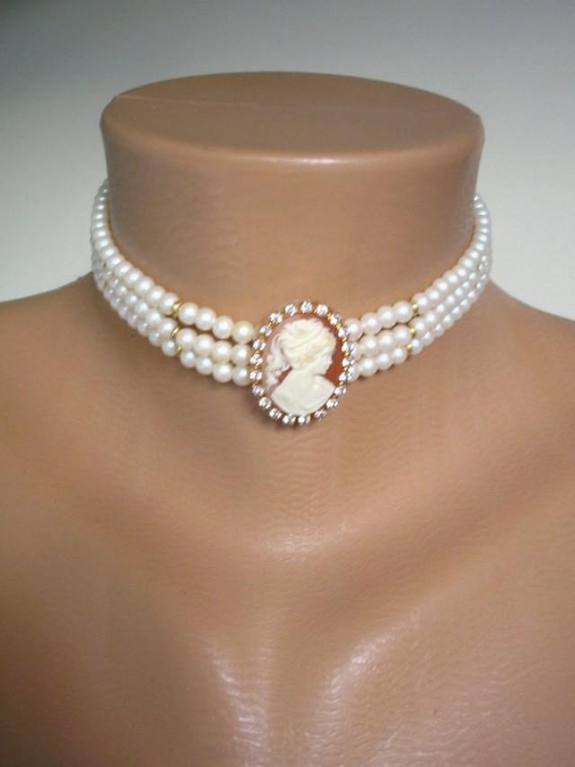 Cameo And Pearl Choker Vintage Cameo Choker 3 Strand Ivory Pearls Bridal Choker Wedding 