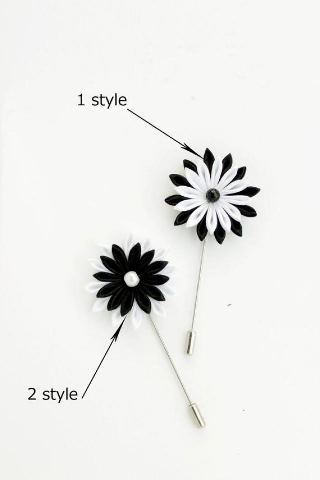 Black White Flower Lapel Pin, Mens Boutonniere Wedding, Groomsmen Lapel