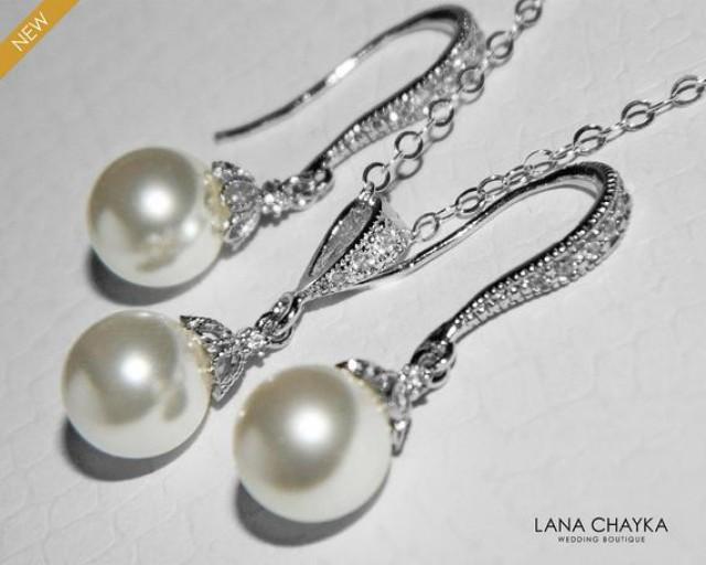 White Pearl Earrings Necklace Set, Swarovski White Pearl Set, Wedding