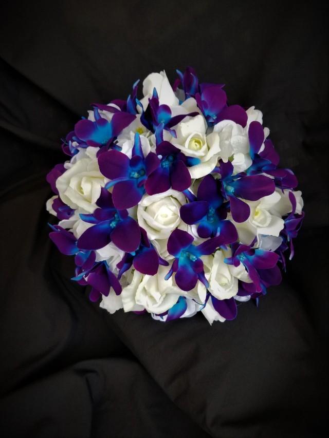 Purple Blue Galaxy Orchid, Hydrangea, Real Touch Rose Bridal Bouquet