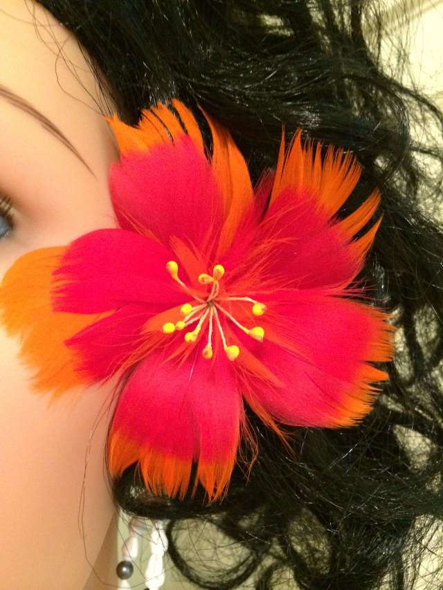 Orange & Red Hibiscus Feather Flower Ear Pick,Orange Hibiscus Feather Flower,Hawaiian Wear,Aloha