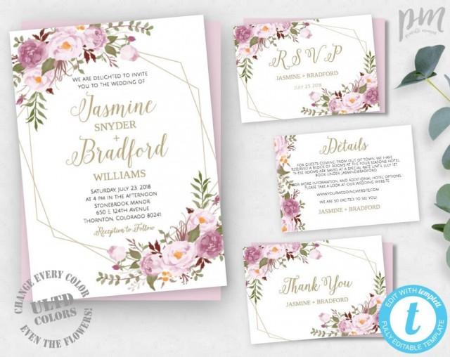 Editable Invitation Template Download IAV-006A Bohemian Greenery Wreath Wedding Invitation Template Printable Wedding Invitation Suite