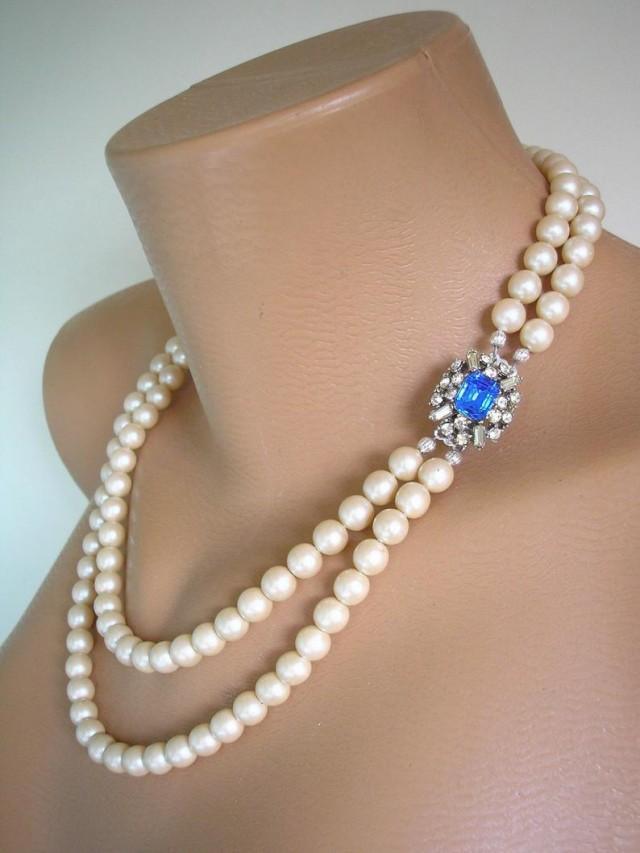 Vintage Pearls With Sapphire Rhinestone Clasp, Long Pearl Necklace, Pearl Bridals, Blue Bridal ...