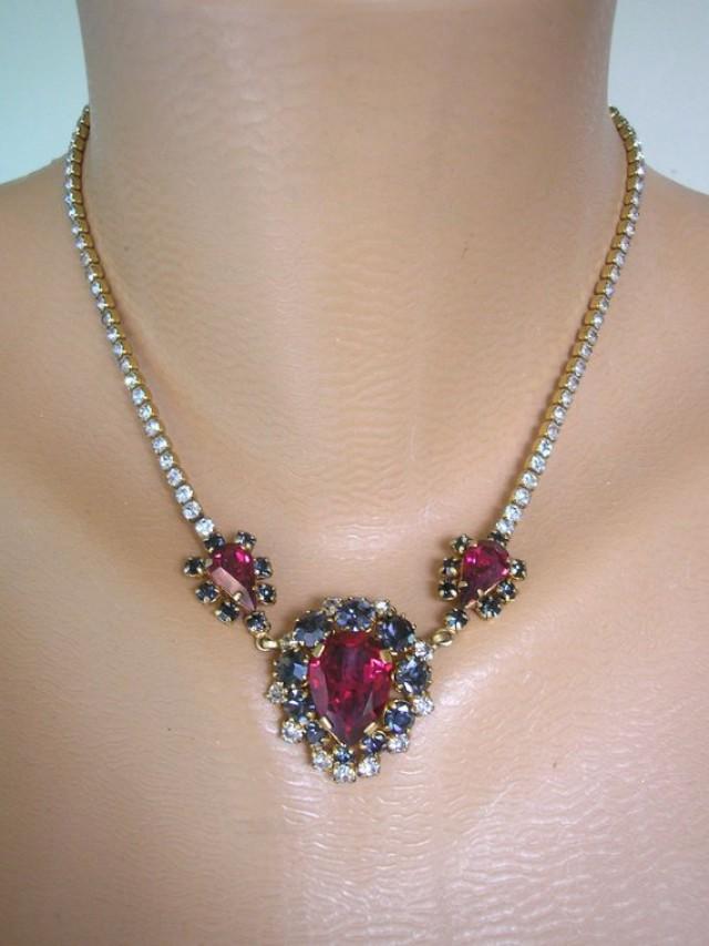 Vintage Crystal Choker, Vintage Crystal Necklace, Red And Black Rhinestones, Vintage Diamante