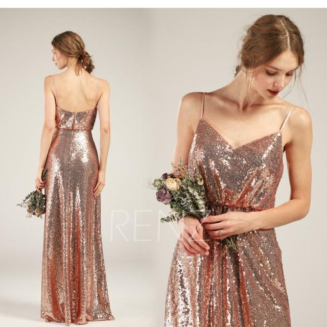 Party Dress Rose Gold Sequin Dress Aline Prom Dress Spaghetti Strap Maxi Dress Low Back