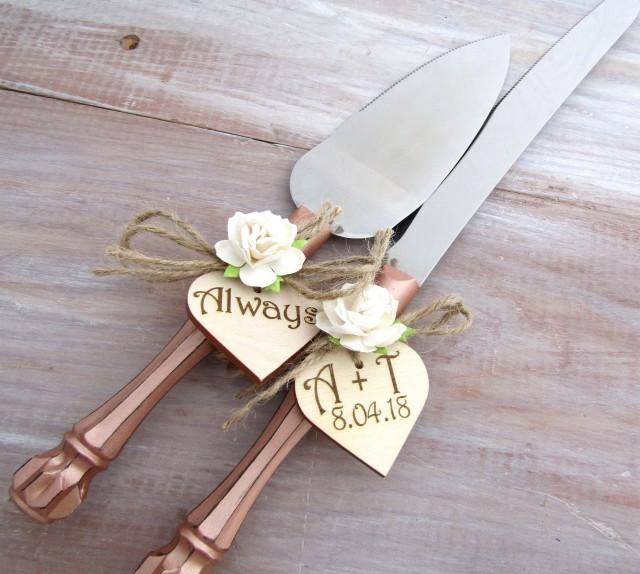 Rustic Chic Wedding Cake Server Knife Set Rose Gold With Ivory Flower