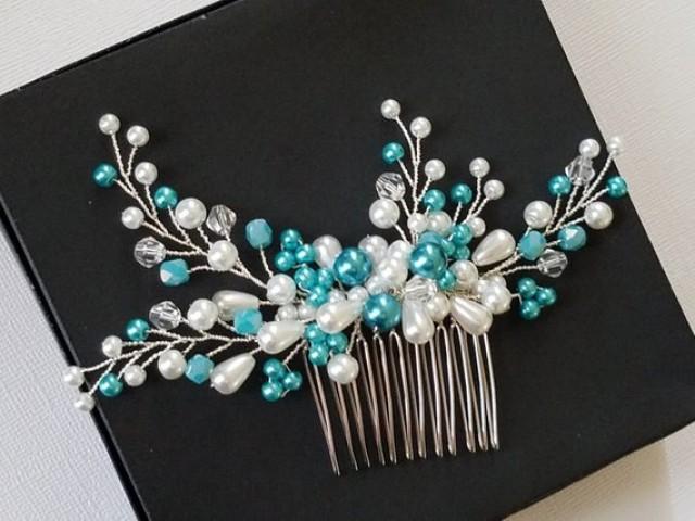 Bridal Hair Comb with Blue Accents - wide 2