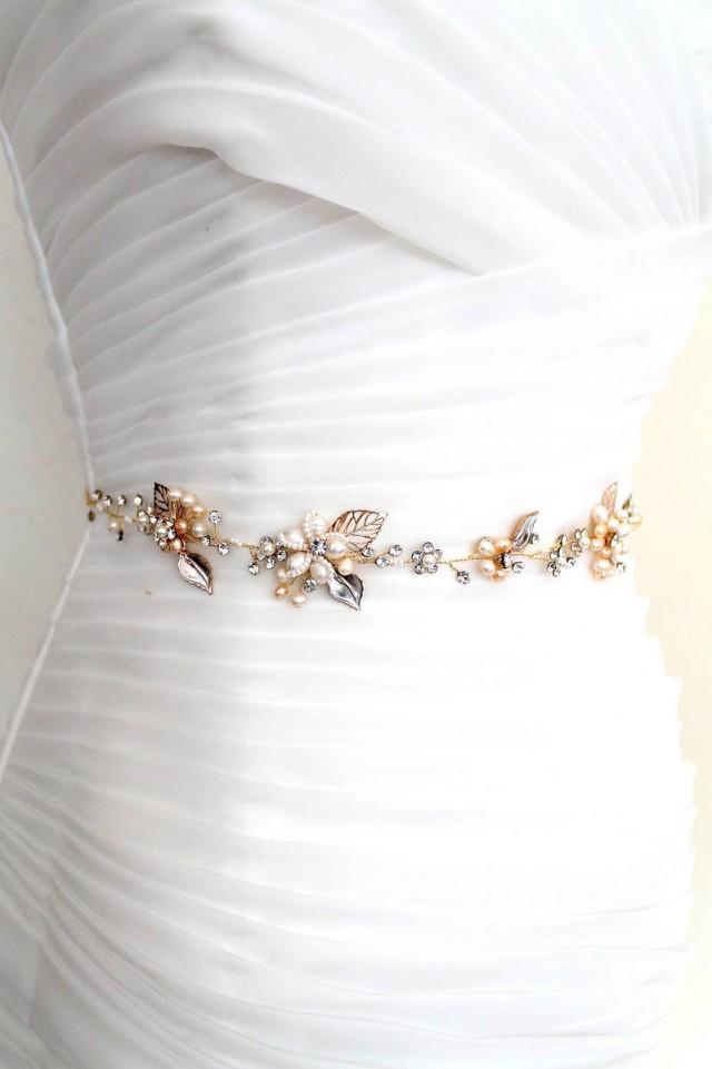 Gold Or Rose Gold Bridal Freshwater Pearl Leaf Vine Sash. Flower
