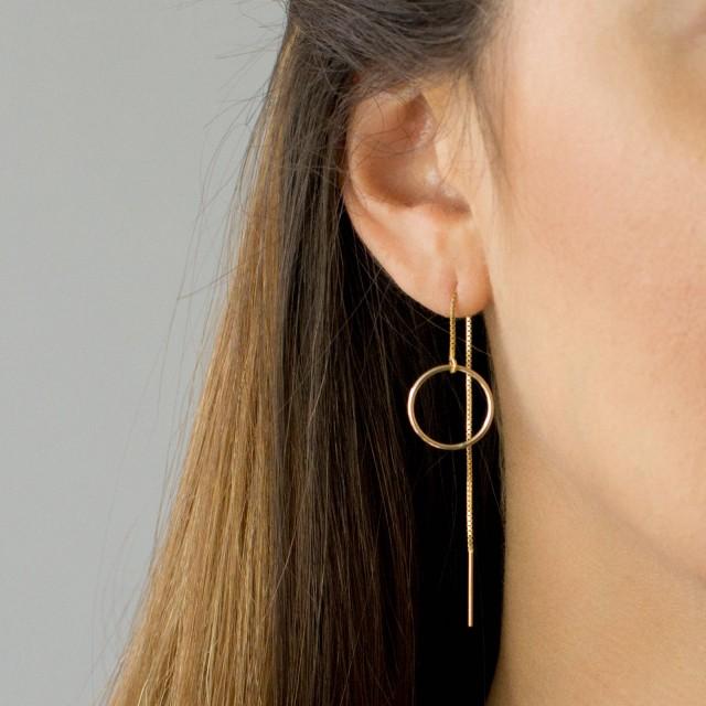 Circle Threader Earrings, Long Dangle Earrings, Dainty Everyday Earring, Gold Threader Earrings