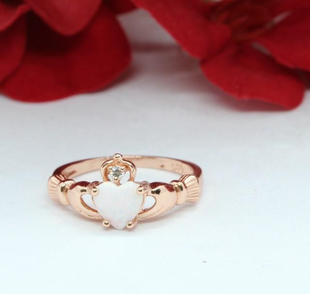 Rose Gold Claddagh Ring Irish Promise Ring Heart White Opal Round