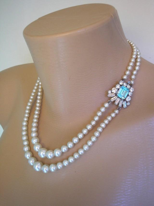 Pearl And Aquamarine Rhinestone Necklace Blue Topaz Rhinestone Choker