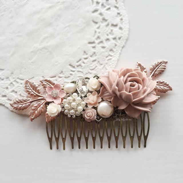 Hair Comb, Wedding, Mauve Pink, Bridal Hair Pin, Rose Gold Headpiece 