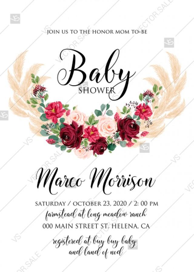 Baby Shower Invitation Marsala Peony Rose Pampas Grass Pdf Custom Online Editor Weddbook