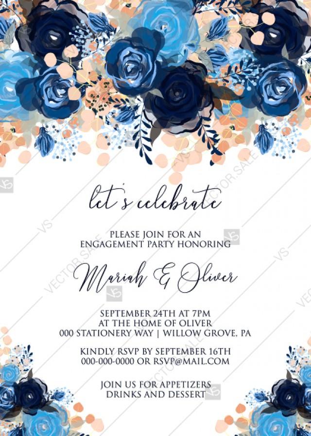 Navy Watercolor Engagement Party Invitation Printable or Printed Navy Invite 0030-N Navy Blue Watercolor Engagement Party Invitation