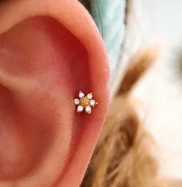Cz Mini Sunflower Cartilage Earring Small Tragus Earring Dainty