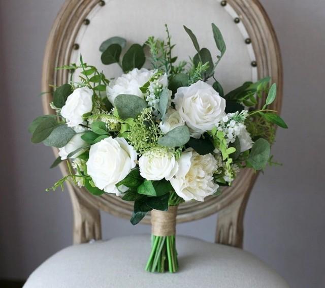White & Greenery Bridal Bouquet, Green Wedding Bouquet, Peonies