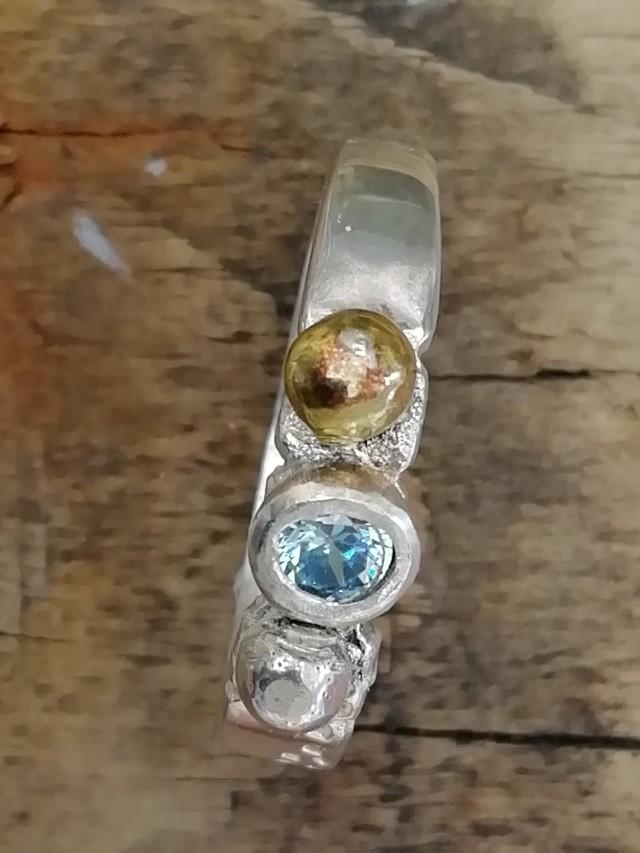 Ring Handmade Silver And Gold Stamped Set With Turquoise Cubic Zircon