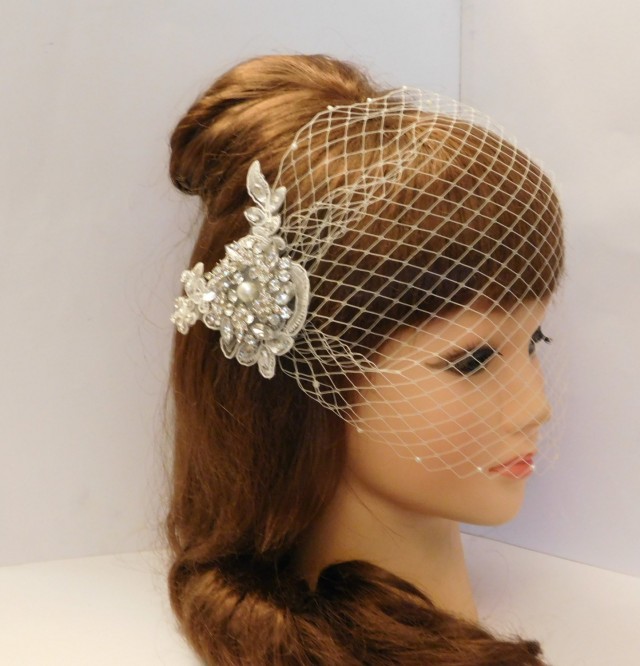 Birdcage Veil Gatsby 1920's Wedding Lace Crystal Hair Clip, Bridal