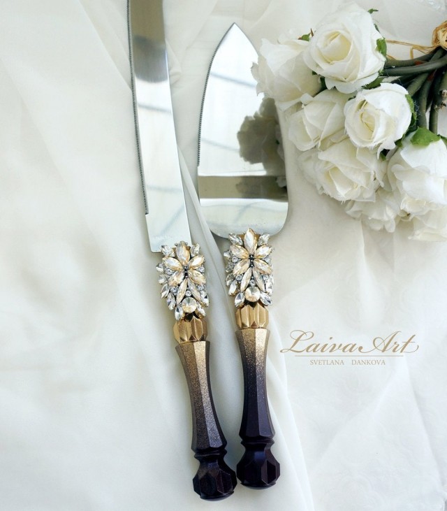 Personalized Gold Black Wedding Cake Server Set & Knife Cake Cutting