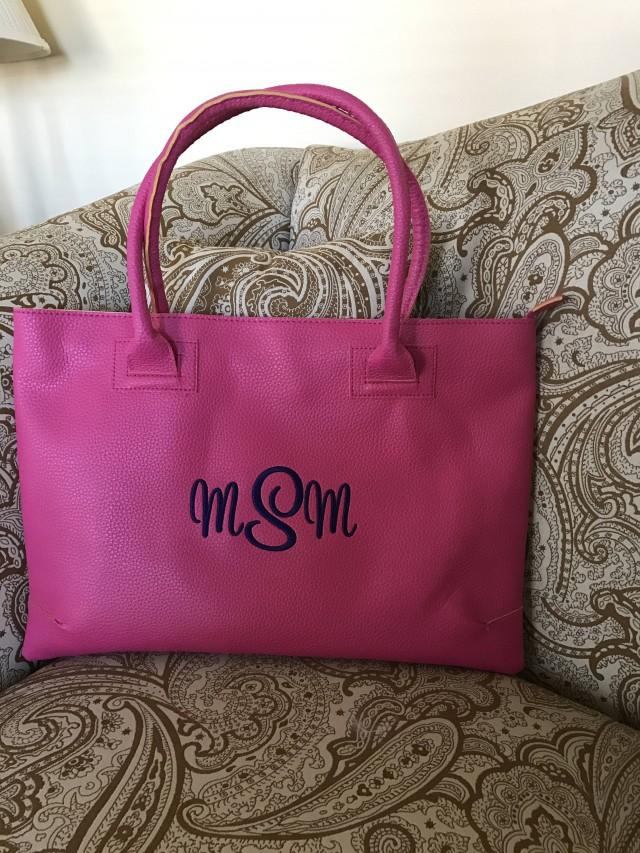 Faux Leather Zipper Tote Bag, Monogram Preppy Purse, Personalized Women