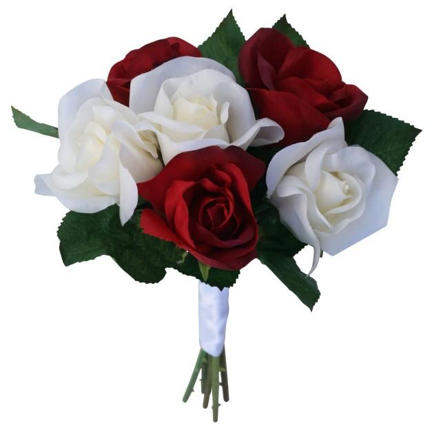 Red & Ivory Silk Garden Rose Stems Artificial Wedding Bouquets Fake