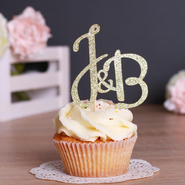 Wedding Initial Cupcake Topper In Gold With Elegant Script Two Letter