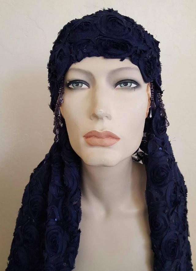 Vintage Inspired Navy Blue Gatsby Rose Waterfall Beaded Crochet Flapper