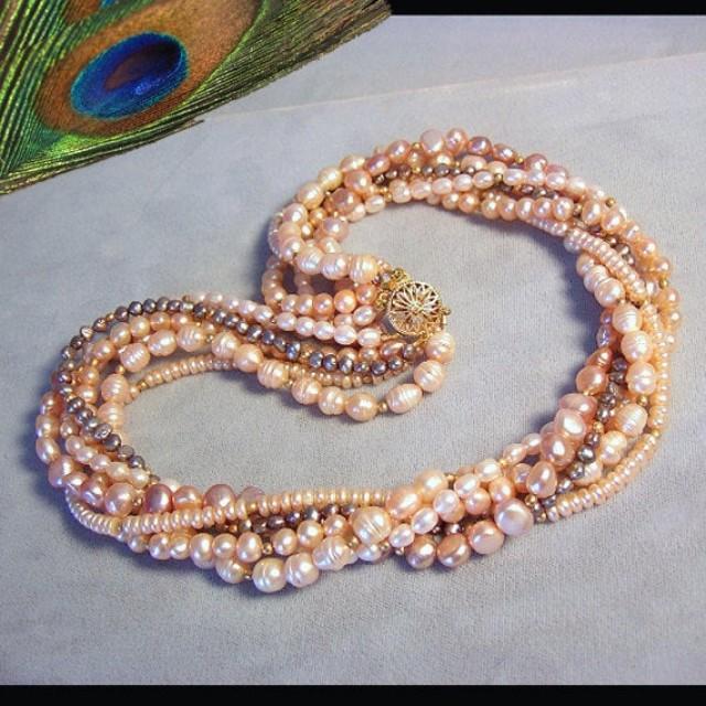 Freshwater Pearl Torsade Necklace SixStrand Peach And Mauve FWP