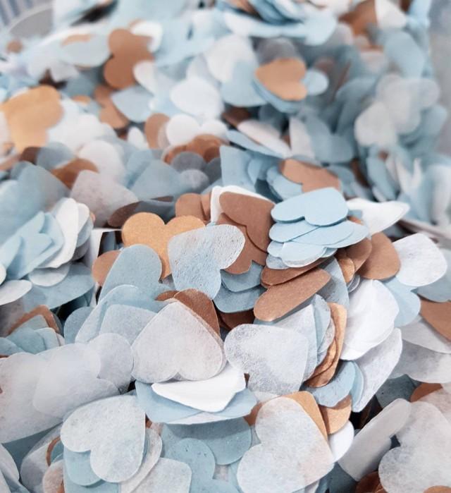 Dusty Blue + White + Rose Gold/ Copper Pastel Colour Mix Tissue Paper Heart Confetti Wedding