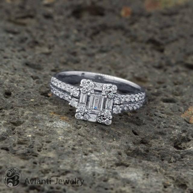 Engagement Ring, Baguette Engagement Diamond Ring, Square Center Stone