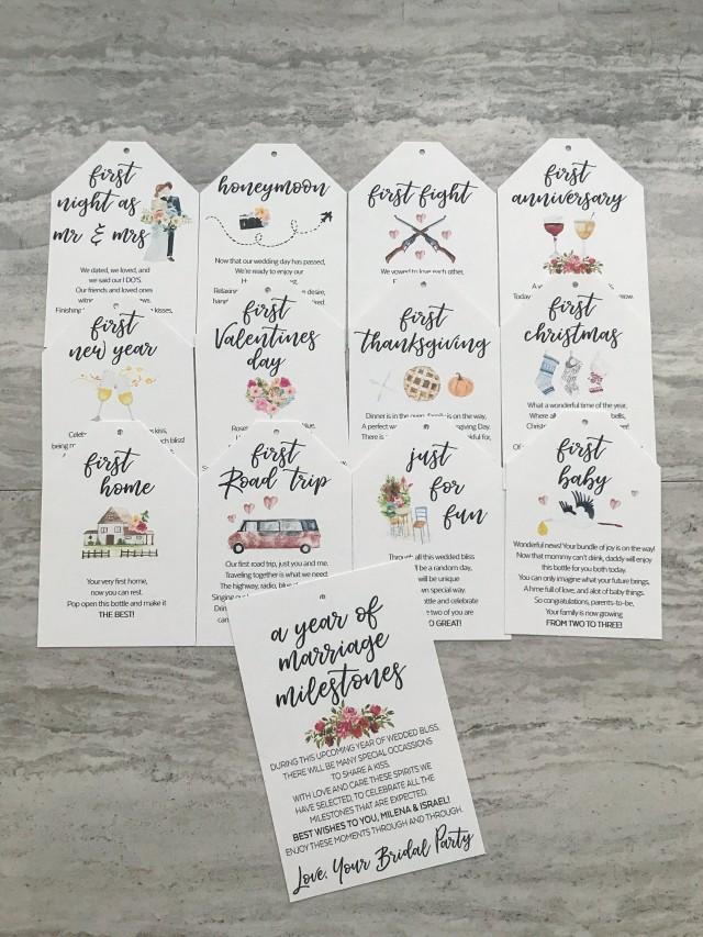 Printed Marriage Milestone Tags Watercolor Wine Tags First Year Milestones Wine Poem Wine Basket Tags Milestone Wine Tag A Year Of Firsts 2931664 Weddbook