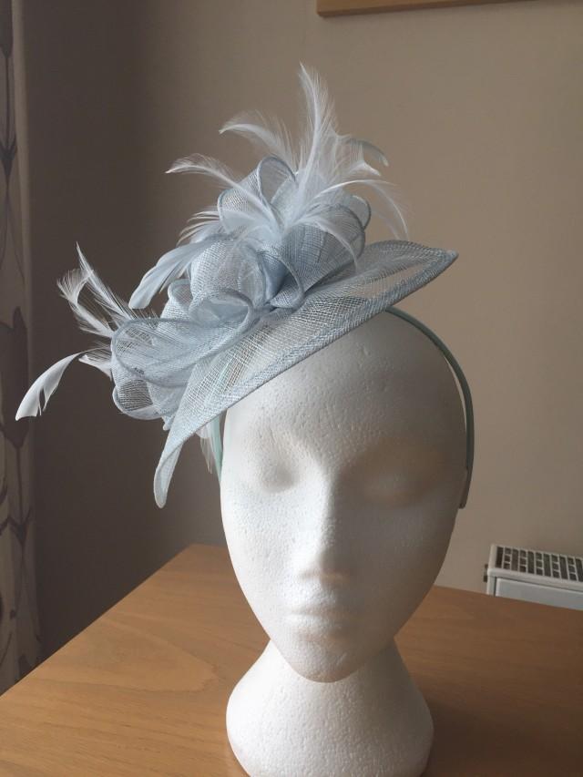 Powder Baby Blue Fascinator And Feather Fascinator On A Hairband, Races
