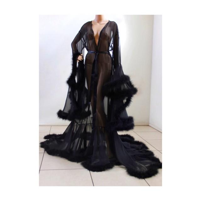 Luxury Sheer Fur Robe Lingerie Jet Black Fur Trimmed Robe With Satin Ties Bridal Robe