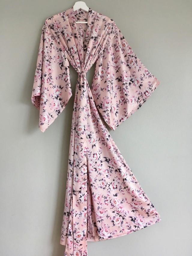 Champagne Rose. 1 Custom Made "Noguchi" Kimono Robe In Soft Satin. Tall Womens Floor Length