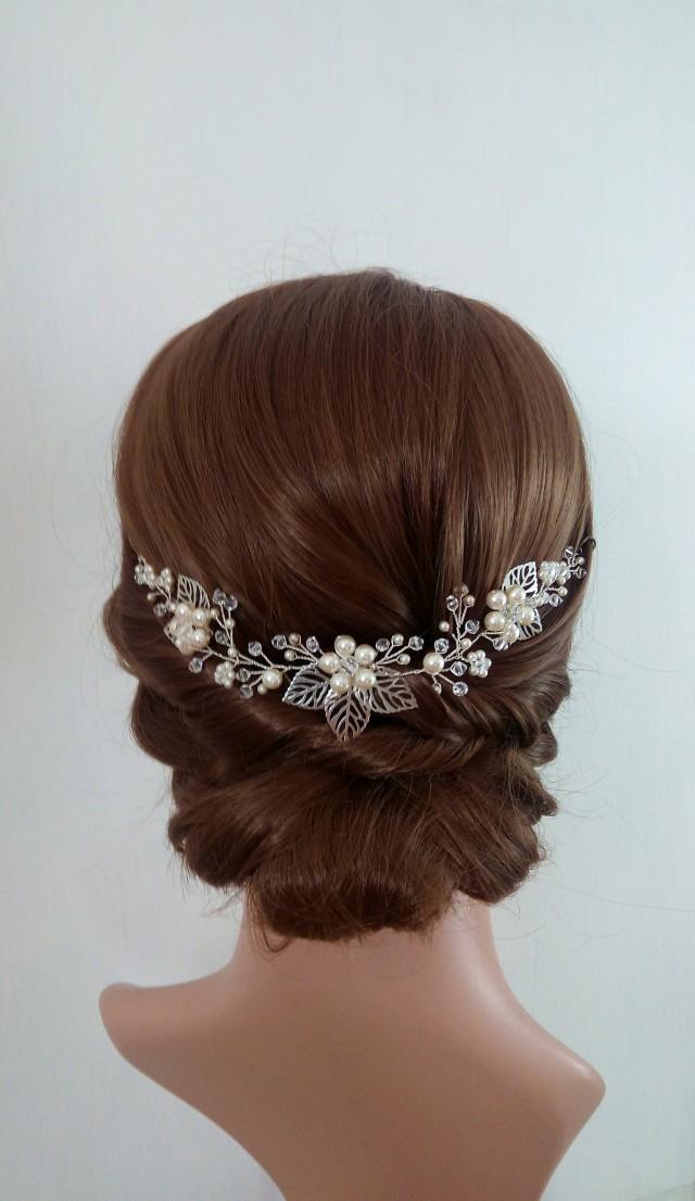 Silver Wedding Hair Piece For Wedding, Pearl Wedding Head Piece Leaf