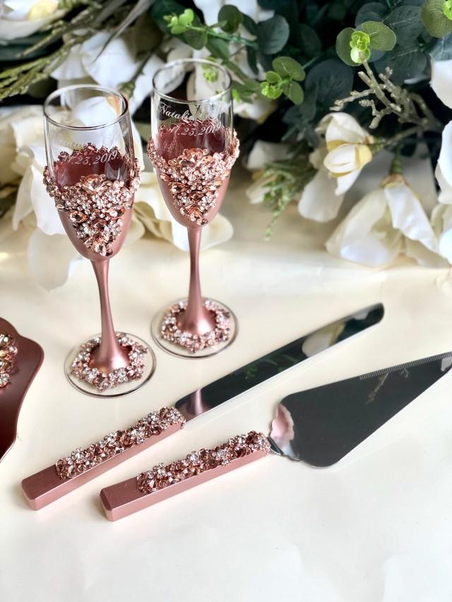 ROSE GOLD Wedding Glasses And Cake Server Set Cake Knife Rose Gold