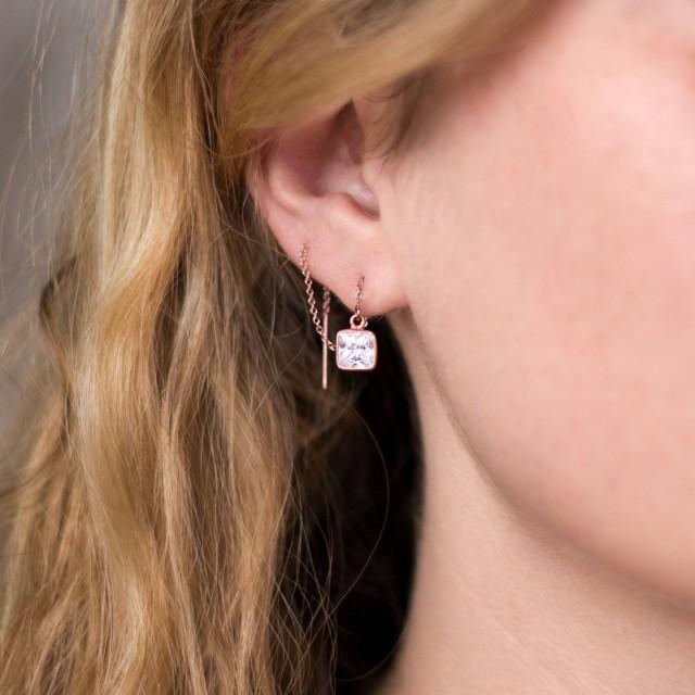 Double Piercing Earrings, CZ Rose Gold Threaders, Geometric Minimalist