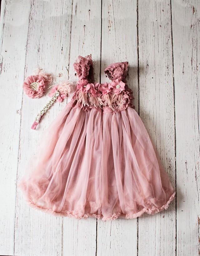 Rustic Lace Mauve Flower Girl Dress And Headband Country Style Flower Dress Girls 1st Birthday 