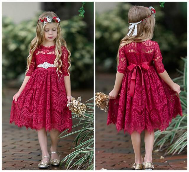 Lace Flower Girl Dress, Burgundy Lace Flower Girl Dress, Bohemian