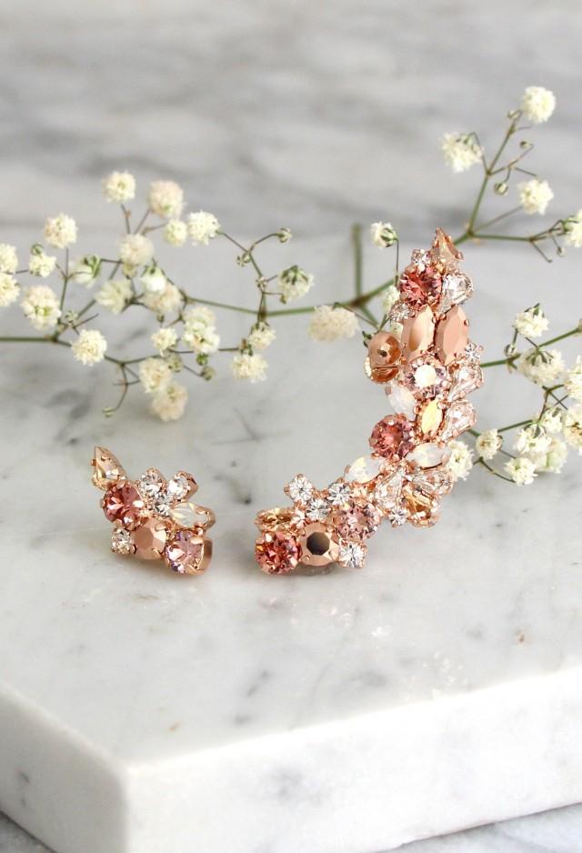 Climbing Earrings, Blush Bridal Ear Climbing Earrings, Rose Gold