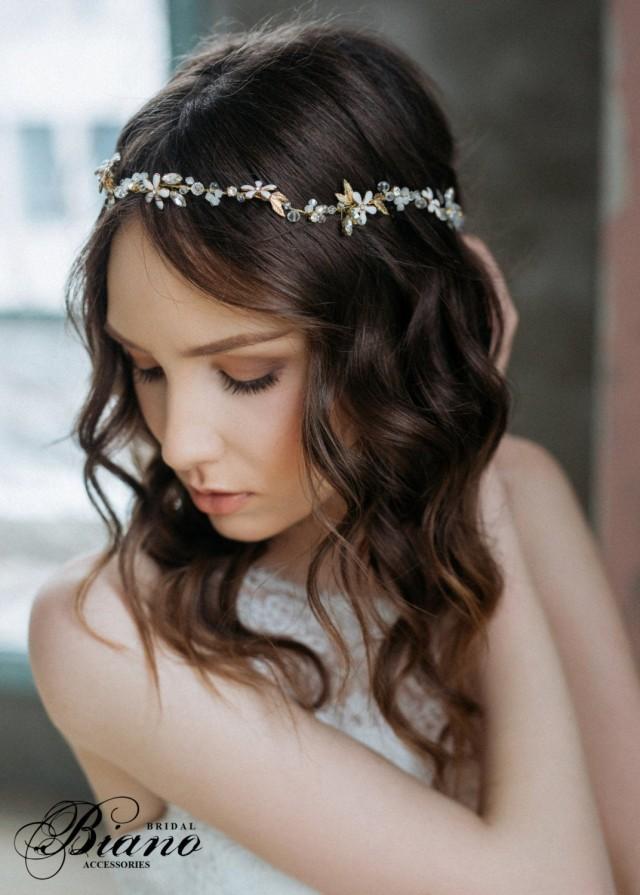 Bridal Halo Flowers Wedding Headband Forehead Bridal Hair Vine Wedding Hairband Gold Leaves 3783